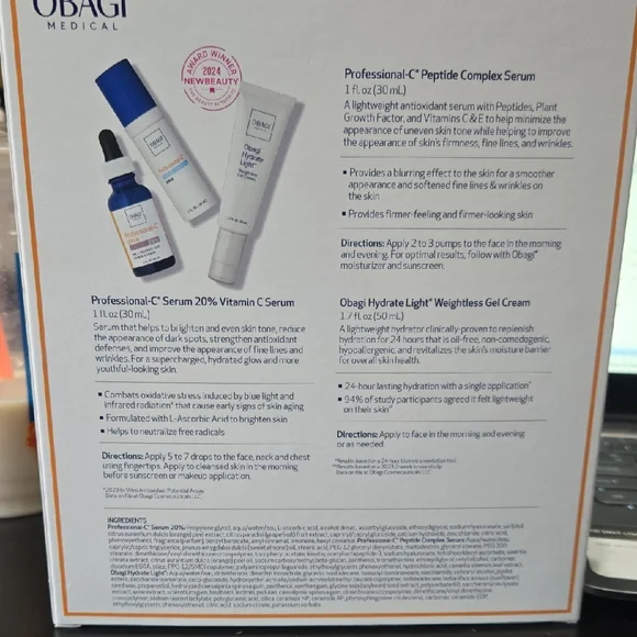 Obagi Trio- Pro-C 20% Serum, Peptide Complex & Hydrate Light Gel Cream Set.